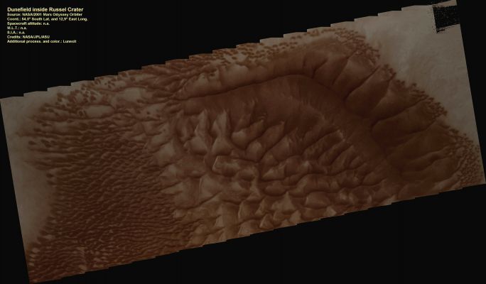 Unusually-looking Dunefield inside Russel Crater (Natural Colors; credits: Lunexit)
nessun commento
Parole chiave: Mars from orbit - Craters - Russel Crater