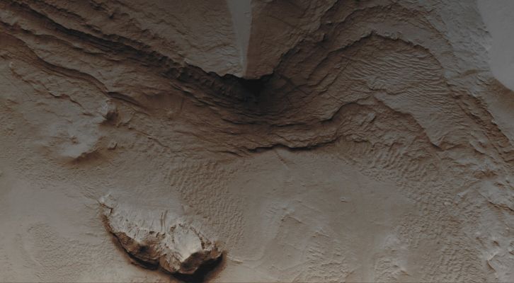 Sedimentary Rocks inside Tikhonravov Crater - Arabia Terra (Saturated Natural Colors; credits for the additional process. and color.: Dr Paolo C. Fienga - Lunexit Team)
Caption NASA originale:"This MGS-MOC image shows Layered Sedimentary Rocks exposed by erosion, then mantled by Dust, in Tikhonravov Crater in central Arabia Terra. Dark Slope Streaks occur where some of the Dust has slid down the layered Slopes".

Location near: 13,8° North Lat. and 324,8° West Long.
Image width: ~3 Km (~1,9 mi) 
Illumination from: lower left 
Season: Northern Autumn
Parole chiave: Mars from orbit - Craters - Tikhonravov Crater