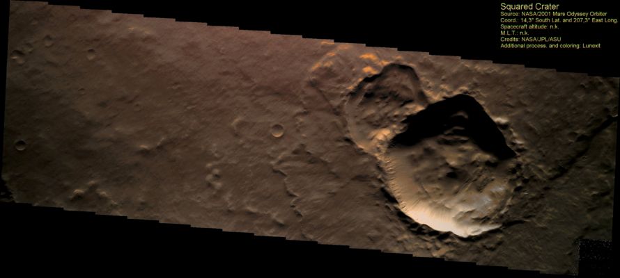 Not Round... (Enhanced Natural Colors; credits for the additional process. and color.: Dr Paolo C. Fienga - Lunexit Team)
Caption NASA:"There are several reasons that an impact crater may end up not being round. Preexisting faults and fractures in the ground can control how the impact energy is distributed, resulting in corners or straight walls along the fracture trends. Very low angle impacts (from 5 up to 12°) can 'skip' along the surface, creating an elongated crater".  

Parole chiave: Mars from orbit - Craters - Unnamed Crater with irregular shape