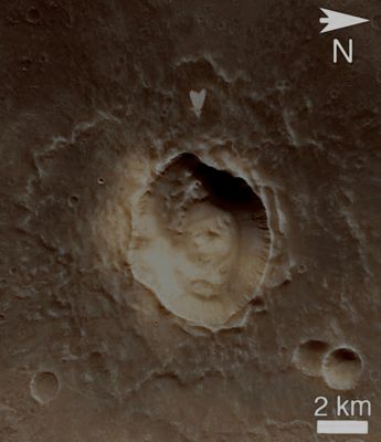 Martian "Love" (EDM - Absolute Natural Colors; credits for the additional process. and color.: Dr Paolo C. Fienga - Lunexit Team)
is picture of a "heart-shaped" feature in Arabia Terra on Mars was taken on May 23, 2010, by the Context Camera (CTX) on NASA's Mars Reconnaissance Orbiter. A small Impact Crater near the tip of the heart is responsible for the formation of the bright, heart-shaped feature. When the impact occurred, darker material on the Surface was blown away while brighter material beneath it was revealed. 

Some of this brighter material appears to have flowed further downslope to form the heart, as the small impact occurred on the Ejecta Blanket of a much larger Impact Crater. 

The heart-shaped feature is about 1 Km (0,6 mile) long and is centered at 21,9° North Lat. and 12,7° West Long. 

These pictures are subframes of the full CTX image B21_017910_2002_XI_20N012W, taken just at the start of Northern Summer on Mars. North is to the right, and illumination is from the upper right.
Parole chiave: Mars from orbit - Arabia Terra Region