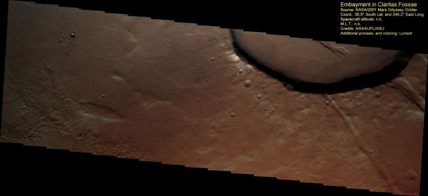 Unnamed Crater with Embayment in Claritas Fossae (Absolute Natural Colors; credits for the additional process. and color.: Dr Paolo C. Fienga - Lunexit Team)
nessun commento
Parole chiave: Mars from orbit - Craters - Unnamed Crater with Embayment