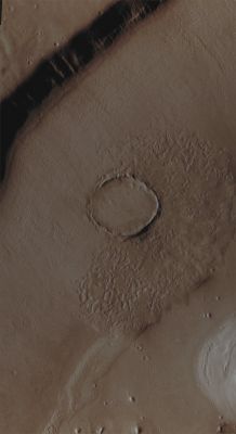 Almost Buried Unnamed Crater in Deuteronilus Mensae (Absolute Natural Colors; credits for the additional process. and color.: Dr Paolo C. Fienga - Lunexit Team)
Caption NASA originale:"This Unnamed Crater appears to be in the process of being covered over by downslope movement of material. These large slopes of material are common in Deuteronilus Mensae". 

Image information: VIS instrument;
Latitude: 41,1° North;
Longitude: 17,8° East;
Resolution: 19 meter/pixel. 
Parole chiave: Mars from orbit - Craters - Almost Buried Unnamed Crater in Deuteronilus Mensae