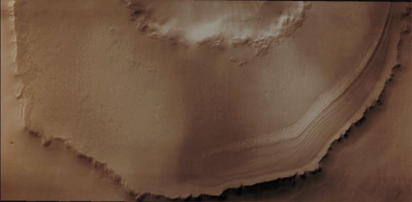 Unnamed Crater with unusually-looking Ejecta Blanket (Absolute Natural Colors; credits for the additional process. and color.: Dr Paolo C. Fienga - Lunexit Team)
Caption NASA:"This Unnamed Crater is located to the South of Agassiz Crater. It is likely that the polar freeze/thaw/frost cycle is responsible for unusual appearance of the Ejecta Region around it".

Image information: VIS instrument;
Latitude: 76,2S° North;
Longitude: 247,8° East;
Resolution: 17 meter/pixel.
Parole chiave: Mars from orbit - Craters - Unnamed Crater