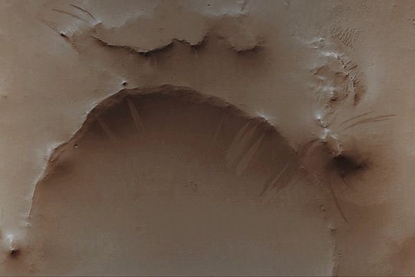 Dark Slope Streaks (Natural Colors; credits for the additional process. and color.: Dr Paolo C. Fienga - Lunexit Team)
Caption NASA:"Dark Slope Streaks are a common feature on the Slopes thickly-mantled by Dust in the Tharsis, Arabia, and Western Amazonis Planitia egions of Mars. Less common are light-toned Slope Streaks, which often occur in the same area as Dark Streaks. They are most common in Arabia Terra, and some are shown in this MGS image. Slope Streaks are probably the result of sudden Avalanches of extremely dry Dust. The behavior of the avalanching dust is somewhat fluid-like and it is a phenomenon often observed during the Martian year.  
 

Parole chiave: Mars from orbit - Craters - Unnamed Crater with Dark Slope Streaks 