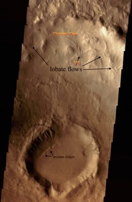 Lobate and Chevron Flows (possible Natural Colors; credits: Dr Paolo C. Fienga - Lunar Explorer Italia)
Caption NASA:"The lower portion of this image from the Thermal Emission Imaging System camera (THEMIS) on NASA's Mars Odyssey Orbiter shows a Crater about 16 Km (approx. 10 miles) in diameter with features studied as evidence of deposition or erosion. 
The Crater is centered at 40,32° South Lat. and 132,5° East Long., in the eastern portion of the Hellas basin on Mars. It has Gullies and Arcuate Ridges on its North, pole-facing interior wall. 
This Crater is in the center of a larger (60-Km or aaprox. 37-mile diameter) crater with lobate flows on its North, interior wall. The image, number V07798008 in the THEMIS catalog, covers a swath of ground of about 17,4 Km (such as approx. 10,8 miles) wide".

Nota Lunexit: c'è un'indicazione NASA che abbiamo barrato con un "NO" poichè essa indica (e quindi definisce) come "Lobate" un rilievo che è invece - a nostro parere - caratterizzato da una configurazione superficiale a "Chevron". 
Verificate Voi stessi. 
A titolo di annotazione personale, ci sembra davvero strano che un Addetto NASA (sulla cui competenza non discutiamo) possa incorrere in una simile svista.
Inoltre, sempre con riguardo a questo rilievo a "Chevron", siamo anche dubbiosi sul fatto che esso possa essere definito come "Flow" (ossìa "flusso", evidenza di una "colata"). 

Più che altro, il rilievo in questione ci SEMBRA una sorta di doppia-cresta del terreno la quale è stata - parzialmente - sepolta a seguito di un fenomeno alluvionale (per i più "Immaginosi" fra i nostri Lettori, poi, vi è anche la possibilità che si possa trattare di una struttura più complessa e "meno naturale" di una semplice increspatura del suolo la quale, sempre a seguito di un evendo alluvionale, è stata quasi completamente sepolta da fango e detriti, poi solidificatisi).
Parole chiave: Mars from orbit - Craters - Unnamed Crater with Lobate and Chevron Flows