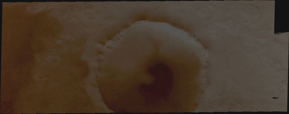 Unnamed Crater with Dunefield (Natural Colors; credits for the additional process. and color.: Dr Paolo C. Fienga - Lunexit Team)
Caption NASA:"This Unnamed Crater in the far Northern Lowlands contains a sand sheet with dune forms on its Floor. Many craters this close to the North Pole contain similar Dunefields".

Orbit Number: 37565 
Latitude: 71,8842° 
Longitude: 344,999° 
Instrument: VIS 
Captured: 2010-06-03 at 10:27 MLT
Parole chiave: Mars from orbit - Craters - Unnamed Crater with Dunefield