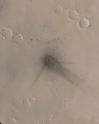 Fresh Crater near Ulysses Patera (Natural Colors; credits: NASA/MGS/MSSS)
Caption NASA originale:"Ths frame has been colorized using a look-up table derived from the Colors of Mars as seen by the Mars Reconnaissance Orbiter’s High Resolution Imaging Science Experiment (HiRISE) camera".
Parole chiave: Mars from orbit - Craters - Fresh Crater