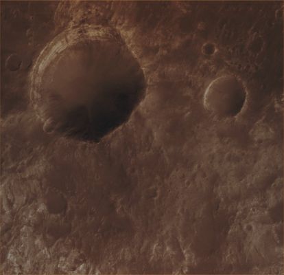 Unnamed Crater in Hellas Planitia (Absolute Natural Colors; credits for the additional process. and color.: Dr Paolo C. Fienga - Lunexit Team)
Caption NASA originale:"This MGS-MOC image shows a large crater that formed by meteor impact into the layered material in which the buried crater is encased. The layered rock, in this case, has a light tone similar to the sedimentary rocks being explored by the MER Opportunity, thousands of kilometers away in Sinus Meridiani".

Location near: 24,9° South; 299,3° West
Image width: ~3 Km (~1,9 mi) 
Illumination from: upper left 
Season: Southern Summer 
Parole chiave: Mars from orbit - Craters - Unnamed Crater - Hellas Planitia