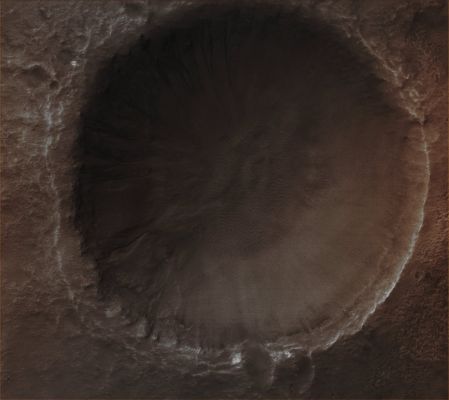 Unnamed Impact Crater wth Gullies (Absolute Natural Colors; credits for the additional process. and color.: Dr Paolo C. Fienga - Lunexit Team)
Caption NASA originale:"This MGS-MOC image shows a 1,5 mt (~5 feet) per pixel view of an Unnamed Crater in the Terra Cimmeria Region of Mars. Several Gullies extend from near the top of the Crater Rim, downslope toward the Floor of the Crater. Liquid water might have played a role in their genesis". 

Location near: 37,7° South Lat. and 191,6° West Long.
Image width: ~3 Km (~1,9 mi) 
Illumination from: upper left 
Season: Southern Summer
Parole chiave: Mars from orbit - Craters - Unnamed Crater - Terra Cimmeria Region