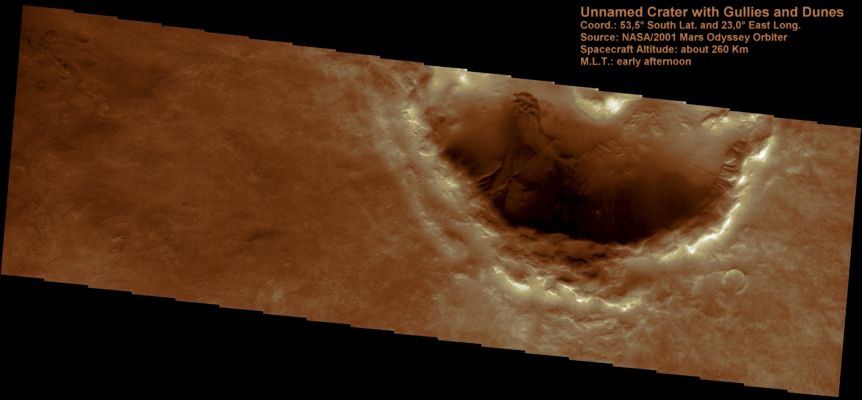 Southern Crater with Gullies and Dunes (Enhanced and Saturated Natural Colors; credits for the additional process. and color.: Dr Paolo C. Fienga - Lunar Explorer Italia)
Gullies dissect the Crater Rim and Dunes cover part of the floor of the Unnamed Crater located East of Russell Crater.
Parole chiave: Mars from orbit - Craters - Unnamed Crater with Gullies and Dunes