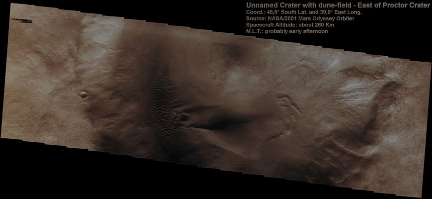 Unnamed Crater with Dunefield (Absolute Natural Colors; credits for the additional process. and color.: Dr Paolo C . Fienga - Lunar Explorer Italia)
Caption NASA:"The Floor of this Unnamed Crater, located to the East of Proctor Crater, contains two types of Dunes. To the North (Sx), there are coalescing small Individual Dunes. At the Southern end of the group of small Dunes, then, there is a large Linear Dune that is becoming a Sand-Sheet".
Parole chiave: Mars from orbit - Craters - Unnamed Crater with Dunefield