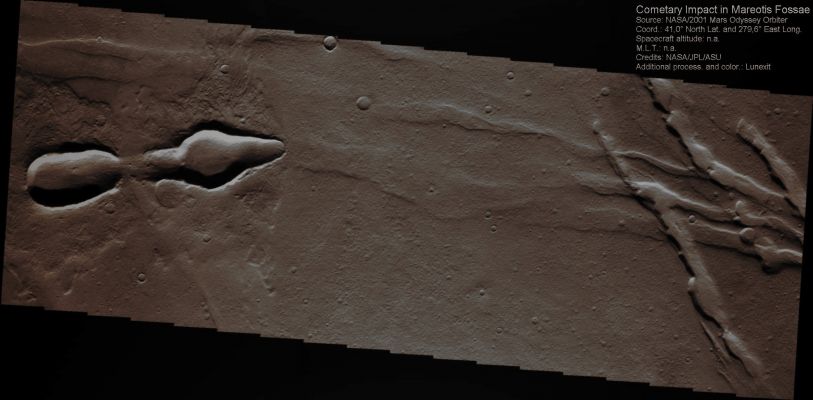 Possible Evidence of Cometary Impact in Mareotis Fossae (Absolute Natural Colors; credits for the additional process. and color.: Dr Paolo C. Fienga - Lunexit Team)
nessun commento
Parole chiave: Mars from orbit - Craters - Unnamed Double Crater