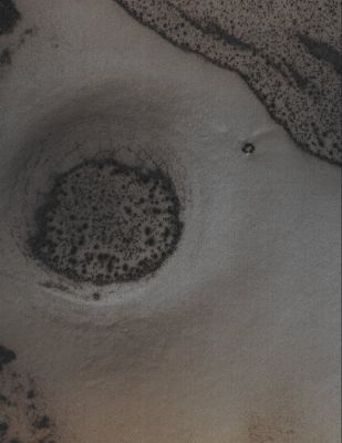 Unnamed Defrosting Crater (Absolute Natural Colors; credits for the additional process. and color.: Dr Paolo C. Fienga - Lunexit Team)
Caption NASA originale:"This MGS-MOC image shows a Surface in the South Polar Region, covered by CO2 Frost. In this springtime scene, the Frost has begun to sublime so that Sandy Surfaces exhibit an abundance of Dark Spots. The circular depression is probably the remains of an Impact Crater. In summer, the Spotted Surfaces in this image would be darker than their surroundings, because they are patches of Windblown Sand". 

Location near: 67,6° South Lat. and 254,3° West Long.
Image width: ~3 Km (~1,9) mi 
Illumination from: upper left 
Season: Southern Spring
Parole chiave: Mars from orbit - Craters - Unnamed Defrosting Crater