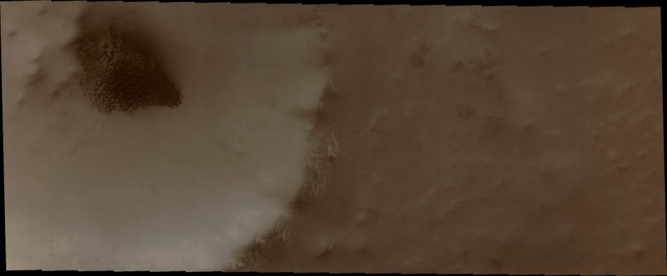 Unnamed Southern Crater with Large Dunefield in Vastitas Borealis (Natural Colors; credits for the additional process. and color.: Dr Paolo C. Fienga - Lunexit Team)
Orbit Number: 38850 
Latitude (centered): 70,394°
Longitude (East): 352,547° 
Instrument: VIS 
Captured: September, 17th, 2010-
Mars Local Time: 05:51 (early morning hours)
Parole chiave: Mars from orbit - Craters - Unnamed Crater with Dunefield