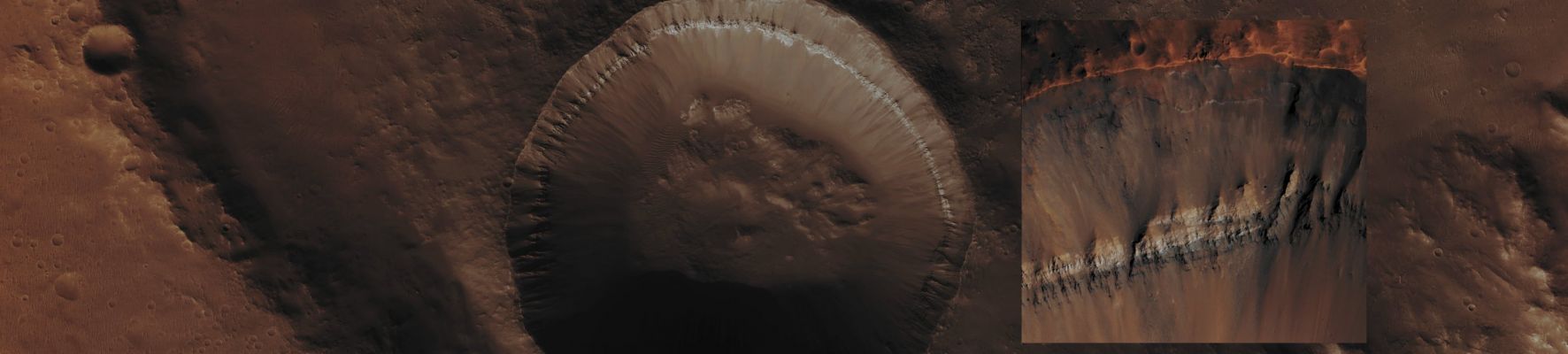 Unnamed Southern Impact Crater with Colorful Layers (Absolute Natural Colors; credits for the additional process. and color.: Dr Paolo C. Fienga - Lunar Explorer Italia/Italian Planetary Foundation)
This image, obtained by the NASA - Mars Reconnaissance Orbiter (HiRISE Camera), shows us a wide portion of a relatively recent (geologically speaking, of course...) Impact Crater, located in the Southern Hemisphere of the Red Planet, and which is about 7 Km wide. Partway down from (but still quite close to) the Crater Rim, there is a prominent bright Layer of Bedrock. The full-resolution color data shows three distinct Bedrock colors: a pale yellow, a light greenish-gray and a very dark blue (almost black, in Absolute Natural Colors). These Layers should reasonably correspond to different types of Rock that, in time, were deposited as nearly flat-lying sheets; nobody can be sure, but - perhaps - this "colorful" Layering is a combination of Lava Flows and Sediments. The relatively blue and dark blue colors visible in the HiRISE InfraRed Color Frame (not shown here and which, in the Absolute Natural Colors' EDM - inset -, appear as greenish-gray and extremely dark blue to almost black) might correspond to Minerals like Olivine and Pyroxene, which can easily be found, among others, in some specific types of Lava.

Mars Local Time: 15:39 (Middle Afternoon)
Coord. (centered): 26,092° South Lat. and 88,942° East Long.
Spacecraft altitude: 257,7 Km (such as about 161,0 miles) 
Original image scale range: 51,6 cm/pixel (with 2 x 2 binning) so objects ~ 1 mt and 55 cm across are resolved
Map projected scale: 50 cm/pixel
Map projection: EQUIRECTANGULAR
Emission Angle: 5,0° 
Phase Angle: 66,0°
Solar Incidence Angle: 61° (meaning that the Sun was about 29° above the Local Horizon at the time the picture was taken)
Solar Longitude: 168,7° (Northern Summer - Southern Winter)
Credits: NASA/JPL/University of Arizona
Additional process. and coloring: Lunar Explorer Italia

These two pictures (which are a NASA - Original Mars Reconnaissance Orbiter CTX b/w and EDM color frames, both identified by the serial n. ESP_028693_1535) have been additionally processed and then colorized (and re-colorized, respectively) in Absolute Natural Colors (such as the colors that a human eye would actually perceive if someone were onboard the NASA - Mars Reconnaissance Orbiter and then looked down, towards the Surface of Mars), by using an original technique created - and, in time, dramatically improved - by the Lunar Explorer Italia Team.
Parole chiave: Mars from orbit - Craters - Unnamed Crater with colorful Layers