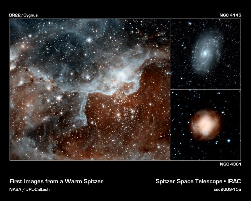 Cygnus Region (DR22; NGC 4145 and NGC 4361)
These images are some of the first to be taken during Spitzer's warm mission -- a new phase that began after the telescope, which operated for more than five-and-a-half years, ran out of liquid coolant. The pictures were snapped with the two InfraRed Channels that still work at Spitzer's still-quite-chilly temperature of 30 Kelvin (about - 406 degrees Fahrenheit). The two InfraRed Channels are part of Spitzer's InfraRed Array Camera: 3.6-micron light is blue and 4.5-micron light is orange. 
The main image shows a cloud, known as DR22, bursting with new stars in the Cygnus Region of the sky. 
Spitzer's infrared eyes can see dust, and see through dust, giving it a unique view into star-forming nests. The blue areas are dusty clouds, and the orange is mainly hot gas.
Parole chiave: From Space Images - Spitzer Space Telescope (SST)