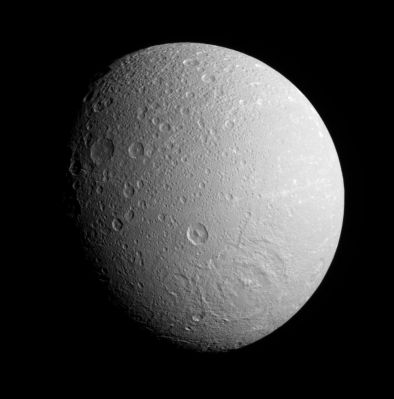 Dione (HR)
Caption NASA:"The Cassini spacecraft surveys the Southern Hemisphere on Dione's anti-Saturn side, spying a broad impact basin near bottom. 
Most of the medium-sized craters visible here have pointed central peaks, owing to the rebound of material following the craters' initial formation. 
(in this picture) North on Dione is up. 

The image was taken in visible light with the Cassini spacecraft narrow-angle camera on Dec. 19, 2007. The view was obtained at a distance of approx. 240.000 Km (such as about 149.000 miles) from Dione and at a Sun-Dione-spacecraft, or phase, angle of 44°. 
Image scale is roughly 1 Km (about 0,6 mile) per pixel".
Parole chiave: Saturn's Moons - Dione