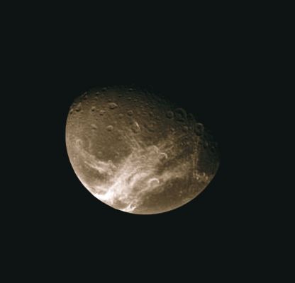 Dione (MULTISPECTRUM-2; credits: Lunexit)
Caption NASA:"The Cassini Spacecraft looks down from high latitude over Dione and the system of wispy fractures that coats the moon's Trailing Side. 
This view looks toward Dione from 43° above the Equator. North is up. 

The image was taken in visible light with the Cassini Spacecraft narrow-angle camera on Jan. 14, 2008. The view was acquired at a distance of approx. 938.000 Km (such as about 583.000 miles) from Dione and at a Sun-Dione-Spacecraft angle of 54°. 
Image scale is roughly 6 Km (a little less than 4 miles) per pixel".
Parole chiave: Saturn's Moons - Dione