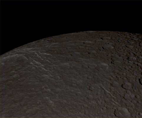 Flying over Dione's "Wisps" (Absolute Natural Colors; credits for the additional process. and color.: Dr Paolo C. Fienga - Lunexit Team)
Caption NASA:"The Cassini Spacecraft looks across the Surface of Saturn's moon Dione and details the so-called "Wispy" Terrain first chronicled by the Voyager probe.
This Fractured Terrain covers the Trailing Hemisphere of Dione (which is about 1123 Km, or approx. 698 miles across). This view is centered on Terrain at approx. 53° North Latitude and 209° West Longitude.

The image was taken in Visible Light with the Cassini Spacecraft narrow-angle camera on Oct. 17, 2010. The view was acquired at a distance of approx. 61.000 Km (about 38.000 miles) from Dione and at a Sun-Dione-Spacecraft, or Phase, Angle of 32°. Image scale is roughly 363 meters (1190 feet) per pixel".
Parole chiave: Saturnian Moons - Dione
