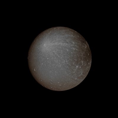 Large Rayed Crater on Dione (Absolute Natural Colors; credits for the additional process. and color.: Dr Paolo C. Fienga/Lunar Explorer Italia/Italian Planetary Foundation)
The NASA - Cassini Spacecraft looks at an example of a Rayed Crater located on the Leading Hemisphere of the Saturnian moon Dione. The Rayed Crater is in the upper-left of the image and its Rays (made by Ejecta ---> such as by Rocky Material, belonging to Dione, that was lifted up and thrown away in every direction at the time of the Impact) show up as brighter material ("brighter" if compared to the Albedo of the Surface that surrounds it) which emanates from the Crater itself. 
This view, as we said hereabove, looks toward the Leading Hemisphere of Dione (which is approx. 700 miles, such as about 1125 kilometers across). North on Dione is up and rotated 12 degrees to the left. The image was taken in Visible Light with the NASA - Cassini Spacecraft Narrow-Angle Camera on July 23, 2012. The view was acquired at a distance of approximately 260.000 miles (such as about 418.000 kilometers) from Dione and at a Sun-Dione-Spacecraft (or Phase) Angle of 5°. Image scale is about 2 miles (such as a little more than 3 kilometers) per pixel.
This frame (which is an Original NASA - Cassini Spacecraft image published on the NASA - Planetary Photojournal with the ID n. PIA 14628) has been additionally processed and then colorized in Absolute Natural Colors (such as the colors that a human eye would actually perceive if someone were onboard the NASA - Cassini Spacecraft and then looked outside, towards the Saturnian moon Dione), by using an original technique created - and, in time, dramatically improved - by the Lunar Explorer Italia Team. Different colors, as well as different shades of the same color, mean, among others, the existence of different Elements present on the Surface of Dione, each having a different Albedo (---> Reflectivity) and Chemical Composition.
Parole chiave: Saturnian Moons - Dione