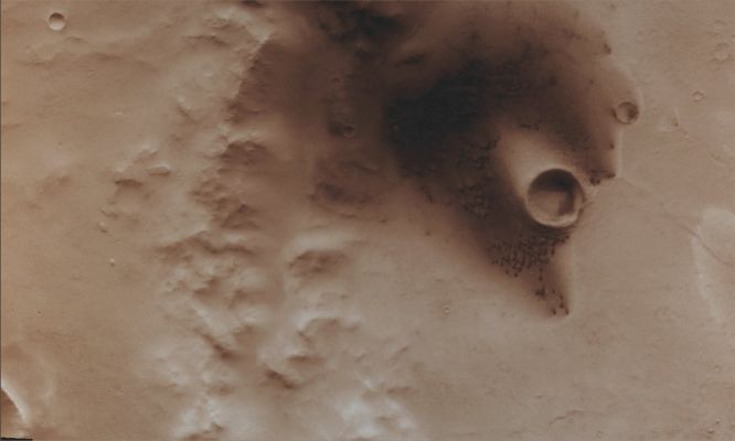 Dark Dunefield in Arabia Terra (Natural Colors; credits for the additional process. and color.: Dr Paolo C. Fienga - Lunexit Team)
Caption NASA originale:"These small (Dark) Dunes occur on the Floor of an Unnamed Crater in Arabia Terra". 

Image information: VIS instrument;
Latitude: 12,1° North;
Longitude: 3,7° East;
Resolution: 18 meter/pixel.
Parole chiave: Mars from orbit - Dunefield - Arabia Terra Region