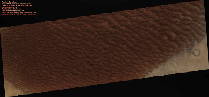 Dunefield in Proctor Crater (Enhanced Natural Colors; credits: Dr Paolo C. Fienga - Lunexit Team)
nessun commento
Parole chiave: Mars from orbit - Dunes - Proctor Crater