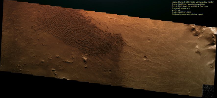 Huge Dune-Field inside Vinogradov Crater (Natural Colors; credits for the additional process. and color.: Dr Paolo C. Fienga - Lunexit Team)
nessun commento  

Parole chiave: Mars from orbit - Dunes - Vinogradov Crater