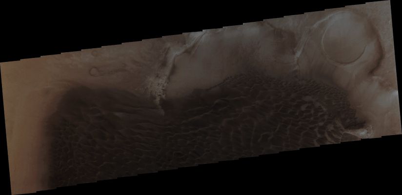 Dunefield in Rabe Crater (Natural Colors; credits for the additional process. and color.: Dr Paolo C. Fienga - Lunexit Team)
Orbit Number: 42917;
Latitude: 43,768° South;
Longitude: 35,056° East;
Instrument: VIS;
Captured: August, 18th, 2011.


Parole chiave: Mars from orbit - Craters - Rabe Crater