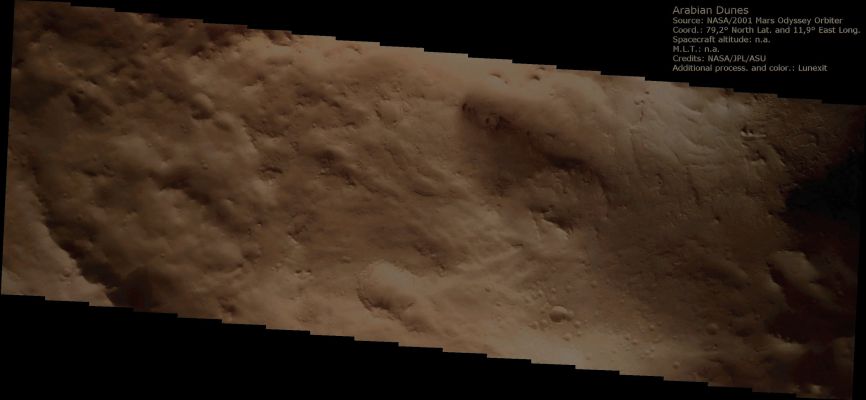 Dunes of Arabia Terra (Absolute Natural Colors; credits for the additional process. and color.: Dr Paolo C. Fienga - Lunexit Team)
nessun commento
Parole chiave: Mars from orbit - Dunes - Arabia Terra Region