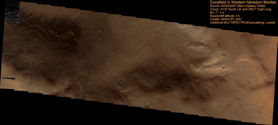 Dark Dunefield in Western Nereidum Montes (Natural Colors; credits for the additional process. and color.: Dr Paolo C. Fienga - Lunexit Team)
nessun commento
Parole chiave: Mars from orbit - Dunes - Nereidum Montes Region