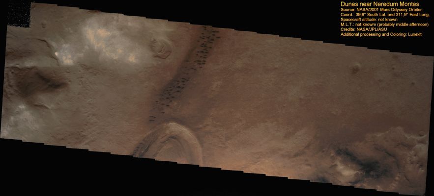 Dunefield near Nereidum Montes (Absolute Natural Colors; credits for the additional process. and color.: Dr Paolo C. Fienga - Lunexit Team)
nessun commento
Parole chiave: Mars from orbit - Dunefield - Nereidum Montes Region