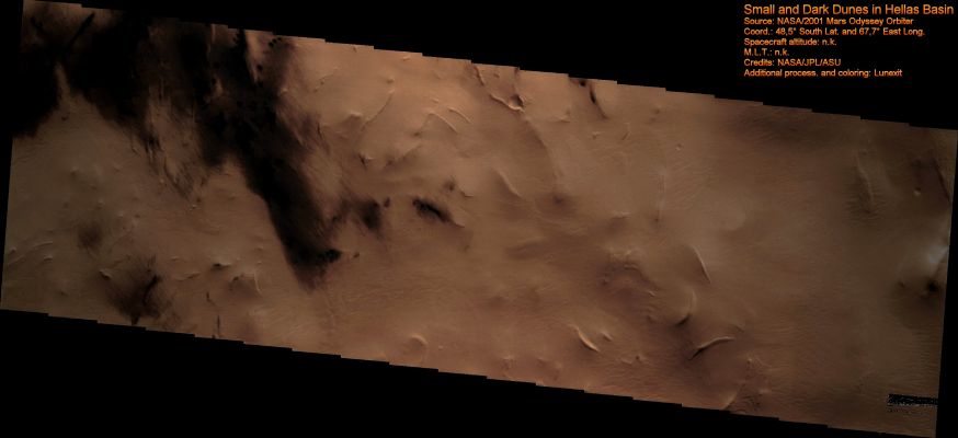 Features of Hellas Planitia: Dark Dunes and Windstreaks (Darkened Natural Colors; credits for the additional process. and color: Dr Paolo C. Fienga - Lunexit Team)
nessun commento
Parole chiave: Mars from orbit - Hellas Planitia