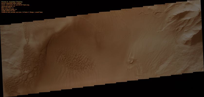 Dunes in Juventae Chasma (Natural Colors; credits for the additional process. and color.: Dr Paolo C. Fienga - Lunexit Team)
nessun commento
Parole chiave: Mars from orbit - Dunes - Juventae Chasma