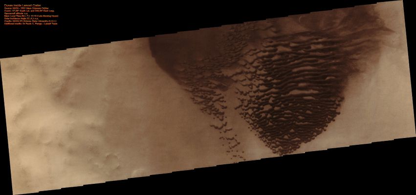 Dunes in Lamont Crater (Natural Colors; credits: Dr Paolo C. Fienga - Lunexit Team)
nessun commento
Parole chiave: Mars from orbit - Dunes - Dunefield