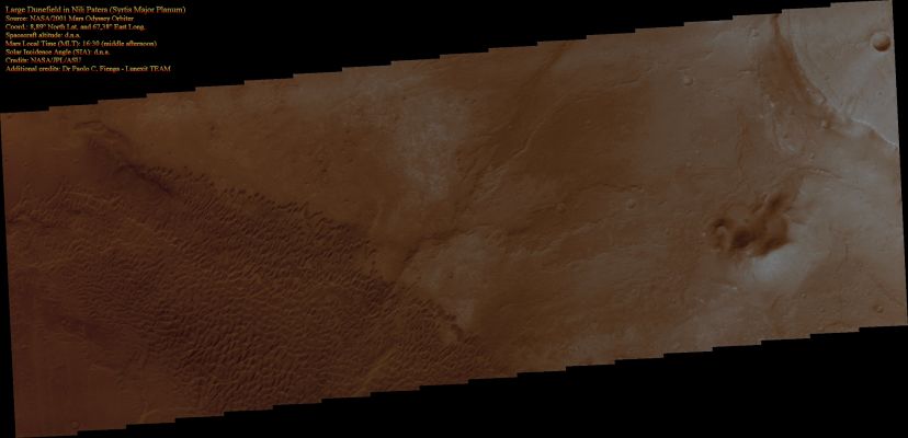 Large Dunefield in Nili Patera (Natural Colors; credits for the additional process. and color.: Dr Paolo C. Fienga - Lunexit Team)
Caption NASA:"The Dunes that are visible in this VIS image are located in Nili Patera, one of the two Paterae of the (very dark) Martian Region known as Syrtis Major".
Parole chiave: Mars from orbit - Dunes - Nili Patera