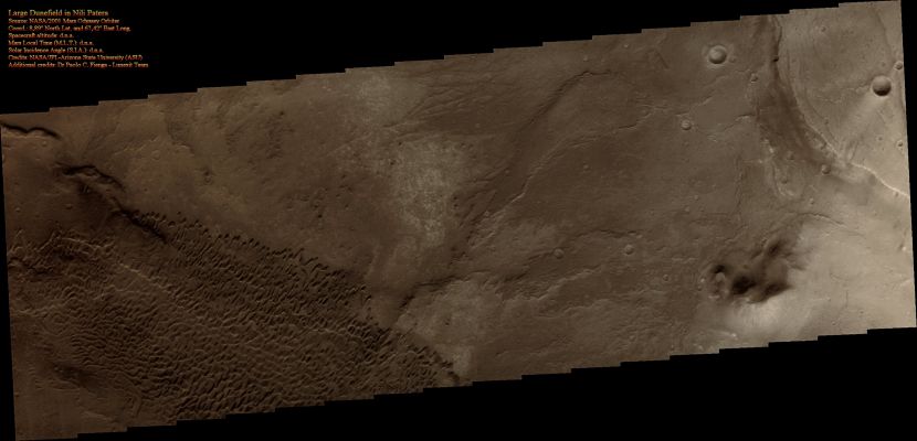 Large Dunefield in Nili Patera (Natural Colors; credits for the additional process. and color.: Dr Paolo C. Fienga - Lunexit Team)
Deve ASSOLUTAMENTE esserci qualcosa di "speciale" in questo grande Campo di Dune posizionato nei pressi della Nili Patera, dato che TUTTI gli Orbiters disponibili (da MGS a MRO, senza dimenticare Odyssey e Mars Express) hanno ripreso e riprendono immagini su immagini di queste coordinate. 

Che cosa sarà mai?

Probabilmente si tratta di leggeri movimenti delle Dune (che potrebbero essere tutte "Migranti"), oppure - se andiamo su risoluzioni maggiori - potrebbe trattarsi di cambiamenti di forma e caratterizzazione delle Dune stesse.
Ho fatto una piccola indagine ed ho trovato del materiale NASA interessante qui (http://www.nasa.gov/mission_pages/MRO/multimedia/pia12860.html) e qui (http://www.nasa.gov/mission_pages/MRO/multimedia/pia12858.html).

Per chi fosse interessato... Buona lettura!
Parole chiave: Mars from orbit - Dunes - Nili Patera