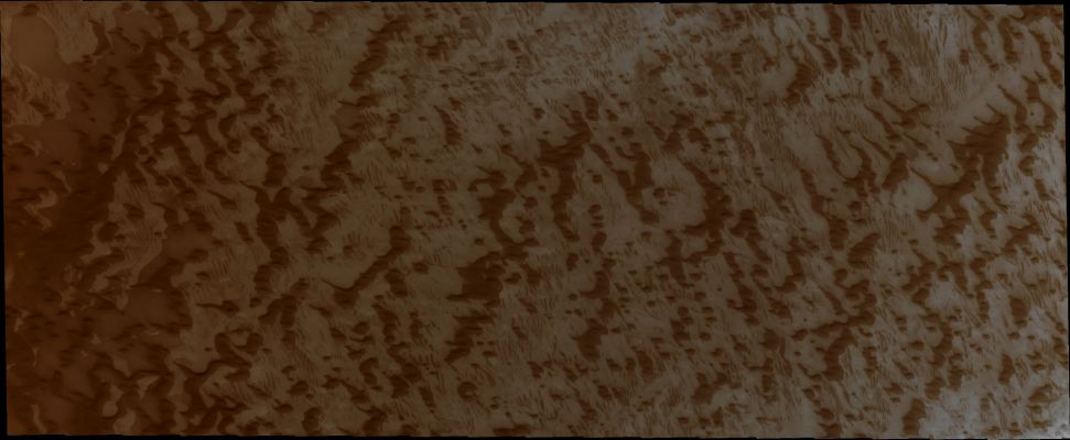 Dunes of the North Polar Erg (Natural Colors; credits for the additional process. and color.: Dr Paolo C. Fienga - Lunexit Team)
As the Sun warms the Martian Surface and more Frost is removed, the Dunes and other features near the North Pole of Mars are revealed. This VIS image shows how complex the inter-dune areas are.

Orbit Number: 38296 
Latitude: 79,184°
Longitude: 143,729° 
Instrument: VIS 
Captured: August, 8th, 2010
M.L.T.: 14:58 (Early Afternoon)
Parole chiave: Mars from orbit - North Polar Features - Erg