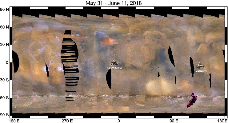 The Global Dust Storm that wiped Oppy away (Annotated)
Caption NASA:"This set of images from NASA’s Mars Reconnaissance Orbiter (MRO) shows a fierce, giant Dust Storm is kicking up on Mars, with Rovers on the Surface indicated as icons. The spread of the Storm can be seen in the salmon-colored overlay. These images from MRO's Mars Color Imager start from May 31, when the Dust Event was first detected, and go through June 11, 2018.

MRO creates Global Maps of Mars but roll maneuvers for targeted observations produce gaps in the coverage, which appear as black gores in the aforementioned Maps. On some days there are data drops where partial or full orbits of coverage are missing. Green and purple observed in the South Polar Region indicate saturated pixels. Latitude is indicated along the Vertical Axis. Longitude is indicated along the Horizontal Axis".
Parole chiave: Mars - GIF