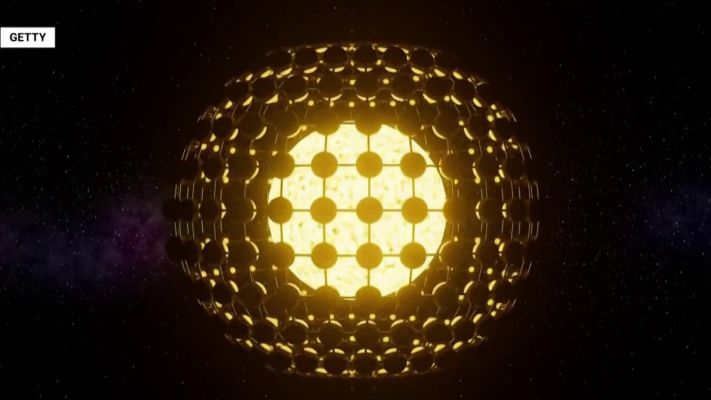 The Dyson Sphere (here: Complex and interconnected Dyson Swarm)
Dyson-style energy collectors around a distant star would absorb and re-radiate energy from the star. The wavelengths of such re-radiated energy may be atypical for the star's spectral type, due to the presence of heavy elements not naturally occurring within the star. 
If the percentage of such atypical wavelengths were to be significant, an alien megastructure could be detected at interstellar distances. This could indicate the presence of what has been called a Type II Kardashev civilization.

SETI has looked for such infrared-heavy spectra from solar analogs, as has Fermilab. Fermilab discovered 17 potential "ambiguous" candidates, of which four were in 2006 called "amusing but still questionable". Later searches also resulted in several candidates, all of which remain unconfirmed.
Parole chiave: Mega structure