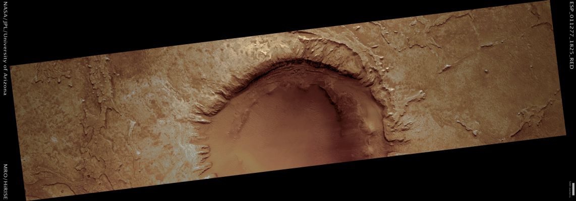 Unnamed Crater with Layers in Meridiani Planum (Natural Colors; credits: Lunar Explorer Italia)
Mars Local Time: 15:47 (middle afternoon)
Coord. (centered): 2,2° North Lat. and 357,5° East Long.
Spacecraft altitude: 270,8 Km (such as about 169,2 miles) 
Original image scale range: 27,1 cm/pixel (with 1 x 1 binning) so objects ~81 cm across are resolved 
Map projected scale: 25 cm/pixel
Map projection: EQUIRECTANGULAR 
Emission Angle: 3,9° 
Phase Angle: 60,7°
Solar Incidence Angle: 57° (meaning that the Sun is about 33° above the Local Horizon)
Solar Longitude: 178,0° (Northern Summer)
Credits: NASA/JPL/University of Arizona
Additional process. and coloring: Lunar Explorer Italia
Parole chiave: Mars from orbit - Craters - Unnamed Crater in Meridiani Planum