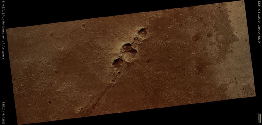 Fresh Crater Chain in Meridiani Planum (Natural Colors; credits: Lunar Explorer Italia)
Mars Local Time: 15:47 (middle afternoon)
Coord. (centered): 0,0° Lat. and 2,6° East Long.
Spacecraft altitude: 271,1 Km (such as about 169,4 miles) 
Original image scale range: 27,1 cm/pixel (with 1 x 1 binning) so objects ~ 81 cm across are resolved 
Map projected scale: 25 cm/pixel
Map projection: EQUIRECTANGULAR 
Emission Angle: 7,3° 
Phase Angle: 64,0°
Solar Incidence Angle: 57° (meaning that the Sun is about 33° above the Local Horizon)
Solar Longitude: 178,6° (Northern Summer)
Credits: NASA/JPL/University of Arizona
Additional process. and coloring: Lunar Explorer Italia
Parole chiave: Mars from orbit - Crater Chain - Meridiani Planum