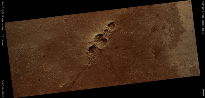 Fresh Crater Chain in Meridiani Planum (Natural Colors; credits: Lunar Explorer Italia)
Mars Local Time: 15:47 (middle afternoon)
Coord. (centered): 0,0Â° Lat. and 2,6Â° East Long.
Spacecraft altitude: 271,1 Km (such as about 169,4 miles) 
Original image scale range: 27,1 cm/pixel (with 1 x 1 binning) so objects ~ 81 cm across are resolved 
Map projected scale: 25 cm/pixel
Map projection: EQUIRECTANGULAR 
Emission Angle: 7,3Â° 
Phase Angle: 64,0Â°
Solar Incidence Angle: 57Â° (meaning that the Sun is about 33Â° above the Local Horizon)
Solar Longitude: 178,6Â° (Northern Summer)
Credits: NASA/JPL/University of Arizona
Additional process. and coloring: Lunar Explorer Italia
Parole chiave: Mars from orbit - Crater Chain - Meridiani Planum