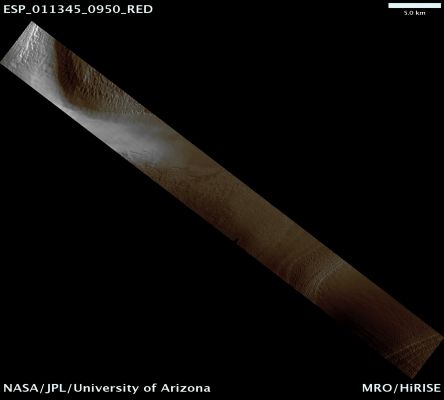 Small Fan-like Surface Features on the South Polar Perennial Cap (Natural Colors; credits: Lunar Explorer Italia)
Mars Local Time: 17:54 (late afternoon)
Coord. (centered): 84,8° South Lat. and 339,3° East Long.
Spacecraft altitude: 247,7 Km (such as about 154,8 miles) 
Original image scale range: 99,1 cm/pixel (with 1 x 1 binning) so objects ~ 2,97 mt across are resolved 
Map projected scale: 1 mt/pixel
Map projection: EQUIRECTANGULAR 
Emission Angle: 0,9° 
Phase Angle: 88,7°
Solar Incidence Angle: 89° (meaning that the Sun is about 1° above the Local Horizon)
Solar Longitude: 181,0° (Northern Autumn)
Credits: NASA/JPL/University of Arizona
Additional process. and coloring: Lunar Explorer Italia
Parole chiave: Mars from orbit - South Polar Regions - Permanent Cap