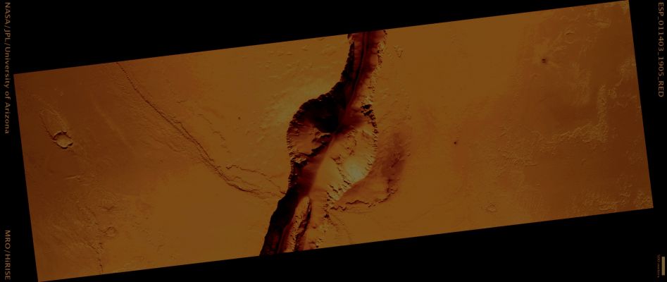 Cone at the Source of Athabasca Valles (Natural - but strongly enhanced - Colors; credits: Lunar Explorer Italia)
Mars Local Time: 15:50 (middle afternoon)
Coord. (centered): 10,2° North Lat. and 157,4° East Long.
Spacecraft altitude: 278,4 Km (such as about 174,0 miles) 
Original image scale range: 27,8 cm/pixel (with 1 x 1 binning) so objects ~ 84 cm across are resolved 
Map projected scale: 25 cm/pixel
Map projection: EQUIRECTANGULAR 
Emission Angle: 7,7° 
Phase Angle: 50,7°
Solar Incidence Angle: 58° (meaning that the Sun is about 32° above the Local Horizon)
Solar Longitude: 183,6° (Northern Autumn)
Credits: NASA/JPL/University of Arizona
Additional process. and coloring: Lunar Explorer Italia
Parole chiave: Mars from orbit - Cones - Athabasca Valles
