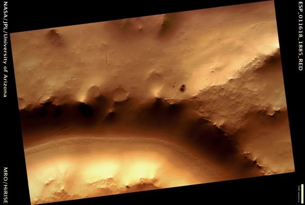 Recent Double-Impact (ctx frame - possible Natural Colors; credits: Lunar Explorer Italia)
Mars Local Time: 15:46 (middle afternoon)
Coord. (centered): 8,6° North Lat. and 46,8° East Long.
Spacecraft altitude: 273,6 Km (such as about 171,0 miles) 
Original image scale range: 27,4 cm/pixel (with 1 x 1 binning) so objects ~82 cm across are resolved 
Map projected scale: 25 cm/pixel
Map projection: EQUIRECTANGULAR 
Emission Angle: 5,9° 
Phase Angle: 64,1°
Solar Incidence Angle: 58° (meaning that the Sun is about 32° above the Local Horizon)
Solar Longitude: 193,2° (Northern Autumn)
Credits: NASA/JPL/University of Arizona
Additional process. and coloring: Lunar Explorer Italia
Parole chiave: Mars from orbit - Craters - Unnamed Fresh Double-Crater