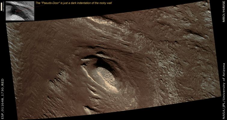 Oval Mesa on Ganges Mensa (and another "mistery" solved) - Natural Colors; credits: Lunar Explorer Italia
Mars Local Time: 15:56 (middle afternoon)
Coord. (centered): 7,2° South Lat. and 311,5° East Long.
Spacecraft altitude: 277,5 Km (such as about 173,4 miles) 
Original image scale range: 27,8 cm/pixel (with 1 x 1 binning) so objects ~83 cm across are resolved 
Map projected scale: 25 cm/pixel
Map projection: EQUIRECTANGULAR 
Emission Angle: 17,7° 
Phase Angle: 41,0°
Solar Incidence Angle: 59° (meaning that the Sun is about 31° above the Local Horizon)
Solar Longitude: 194,6° (Northern Autumn)
Credits: NASA/JPL/University of Arizona
Additional process. and coloring: Lunar Explorer Italia

This Oval Mesa is a remnant of a geological unit that once covered this area, similar to the Mesas and Buttes in Monument Valley, in Arizona and Utah. This is a small remnant of a much larger unit of similar material that caps Ganges Mensa to the West.
As can be seen in the sides of this small Mesa, this remnant consists of a layered stack of rock. Prior to the massive erosion that left this a high-standing Mesa, a more gentle phase of erosion created the small hills and whorls on the upper surface of the Mesa. It seems that this gentle erosion continued even after the Mesa was created, as this pattern of small hills and whorls is visible on the terrain surrounding the Mesa.

Although not visible in the area shown in this HiRISE image, this Mesa actually sits on top of the much larger Ganges Mensa, which is itself a large Mesa within Ganges Chasma.

Nota Lunexit: una diversa ripresa di questo medesimo dettaglio costituì oggetto di una lunga discussione sul Forum degli Amici di "UFO-On Line". La querelle riguardava la presenza di un presunto (ed oggi, come viene ben dimostrato da questa nuova immagine, inesistente) "ingresso" (porta) sul versante Nord-Occidentale della Mesa Ovale che campeggia a centro frame. La discussione, forse innescatasi a seguito delle deliranti asserzioni di un noto Eso-Archeografo Italiano (e relative alla presenza di "evidenti accessi a presidi minerari" sul Pianeta Rosso...) si sviluppò in maniera interessante e costruttiva e ci portò anche al calcolo delle possibili dimensioni della "porta". 
Oggi, grazie a questa nuova immagine - che pubblichiamo anche in versione RAW Original b/w - tutti potranno constatare che quella che SEMBRAVA essere una "porta" era, in vero, solo un leggero incavo (indentation) naturale presente sulla parete Nord-Occidentale della Mesa.

Morale: prima di parlare e di lanciarsi in interpretazioni che superano la Fantasia e sconfinano nella Bufala al 100% (e qui, che sia chiaro, NON CI RIFERIAMO agli Amici di "UFO-On Line"!), conviene sempre STUDIARE, DOCUMENTARSI, FARE CONFRONTI FRA DIVERSE IMMAGINI e poi, se proprio si vuol dare aria alla bocca e lavoro alla tastiera, SI SUGGERISCE DI RESTARE SEMPRE POSSIBILISTI - onde evitare di fare delle figure che definirle "meschine" è certamente riduttivo...

Ogni riferimento alle stupidaggini proferite da noti Eso-Archeografi Italici e non, è ASSOLUTAMENTE VOLUTO e NON CASUALE.
Parole chiave: Mars from orbit - Ganges Mensa Region
