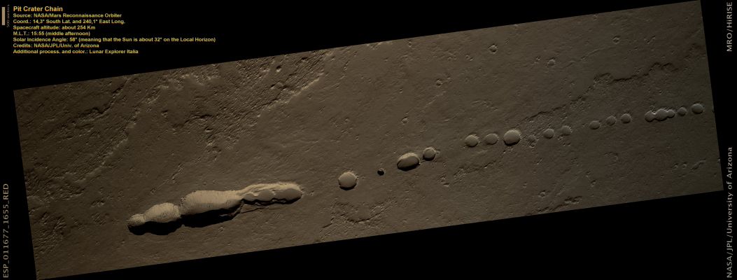 Pit Crater Chain (Natural Colors; credits: Lunar Explorer Italia)
This image shows a series of Collapse Craters called Pit Chain; of course, the Chain itself is NOT formed by Impact Craters.

There are a few potential ways that these are formed. The Pit Craters are believed to form by the collapse of Lava Tubes or Magma Chambers. They could also form when the crust of Mars gets pulled apart by extensional forces from a growing volcano Magma Chamber. This leaves structurally weak areas that have a greater chance of collapsing when the area (Lava Tubes or Magma Chamber) no longer contains molten lava or is drained from the chamber. 

There is evidence that Mars is not the only Planet that has features like these. Earth also has similar Pit Chains that have formed in Iceland. This Chain was formed on a known fault line and the Pits formed when the Region experienced an earthquake. 
This process may be similar to the way the Martian Pit Chains were formed. If "Marsquakes" are the cause of the formation of Pit Chains, this will support the idea that there is still geologic (tectonic) activity occurring on Mars. 
The Pit Chains that have been found on Earth are considerably smaller than similar features that are found on Mars. Earth’s are smaller due to higher gravity and weathering makes them smaller and at some point completely erasing them from sight. But Mars has no system to create erosion; therefore the Chains on Mars are better preserved.
Parole chiave: Mars from orbit - Collapse Features - Pits