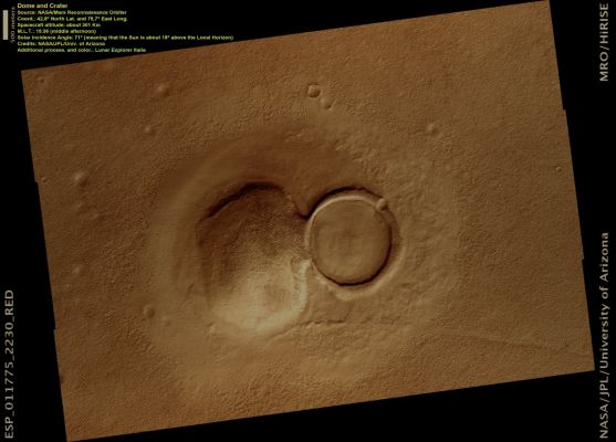 Dome and Crater (Natural Colors; credits: Lunar Explorer Italia)
nessun commento
Parole chiave: Mars from orbit - Craters - Unnam Crater and Dome