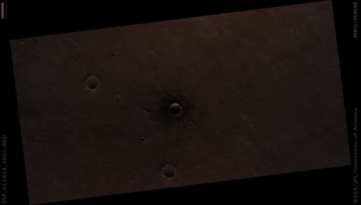 Recent and small Impact Crater (Natural Colors; credits: Lunar Explorer Italia)
Mars Local Time: 15:52 (middle afternoon)
Coord. (centered): 19,3° South Lat. and 273,8° East Long.
Spacecraft altitude: 254,4 Km (such as about 159,0 miles) 
Original image scale range: 25,5 cm/pixel (with 1 x 1 binning) so objects ~ 76 cm across are resolved 
Map projected scale: 25 cm/pixel
Map projection: EQUIRECTANGULAR 
Emission Angle: 0,2° 
Phase Angle: 56,8°
Solar Incidence Angle: 57° (meaning that the Sun is about 33° above the Local Horizon)
Solar Longitude: 203,2° (Northern Autumn)
Credits: NASA/JPL/University of Arizona
Additional process. and coloring: Lunar Explorer Italia
Parole chiave: Mars from orbit - Craters - Unnamed recent Impact Crater