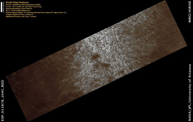 South Polar Features (Natural Colors; credits: Lunar Explorer Italia)
The SHARAD (Shallow Subsurface Radar) looks for liquid or frozen water in the first few hundreds of feet (up to 1 kilometer) of Mars' Crust.
SHARAD probes the subsurface using radar waves within a 15- to 25-megahertz frequency band to get the desired, high-depth resolution.

The Radar Wave Return (RWR), which is captured by the SHARAD antenna, is sensitive to changes in the electrical reflection characteristics of rock, sand and any water that may be present in the Surface and Subsurface. Water, like high-density rock, is highly conducting, and has a very strong RWR. Changes in the reflection characteristics of the Subsurface, caused by layers deposited by geological processes in the ancient history of Mars, are also visible.
Parole chiave: Mars from orbit - South Polar Regions